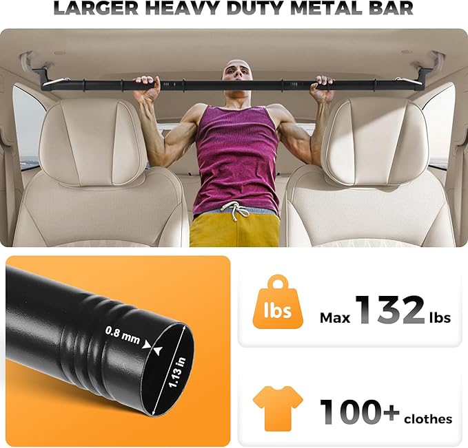 Car Clothes Hanger Bar, Heavy Duty Adjustable 30–63” Clothes Bar for Car, 132LB Load Steel Hanger Rod with 9 Anti-Slip Rings for SUV Truck RV Travel, Wrinkle-Free Clothing Organizer (Black)