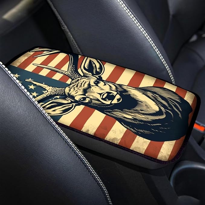 Car Center Console Pad, Universal Waterproof Car Armrest Seat Box Cover, Car Interior Accessories for Most Vehicle SUV Truck Vintage American Flag Moose Car Armrest Pad