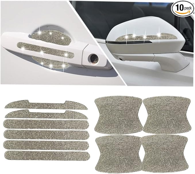 10PCS Bling Car Door Handle Reflective Trim Decals Stickers,Universal Rhinestone Door Side Rear View Mirror Scratch Resistant Protector Cover Car Accessories White