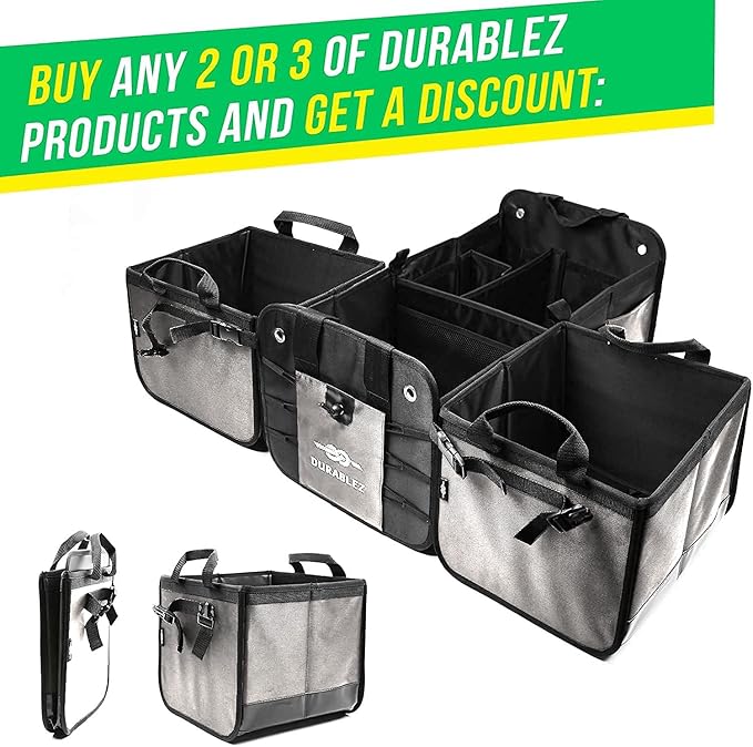 DURABLEZ Modular 4-Section XL Trunk Organizer – Car Storage for Groceries, Tools, Sports Gear, Emergency Kits – Extra Large Multi-Compartment Cargo Box, Collapsible & Heavy Duty – Gray