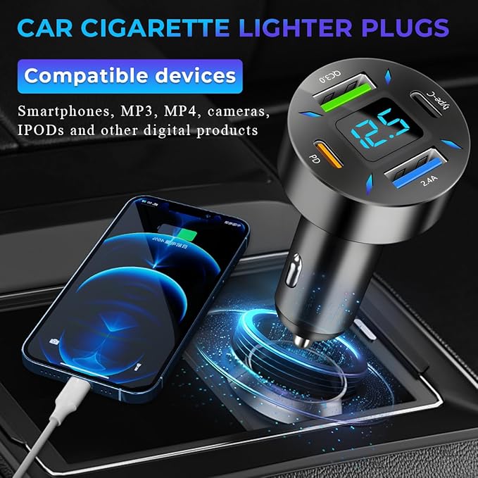 Augeny USB C Car Charger, 4 Port Auto Fast Charger with USB PD Type C & QC 3.0, Cigarette Lighter USB Automotive Adapter Compatible with Most Mobile Cell Phone, Car Accessories (PD+Type C)