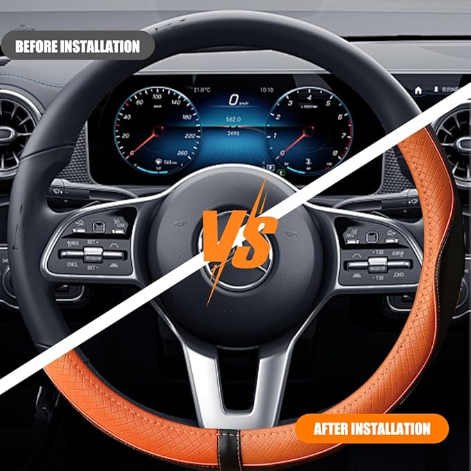 Car Steering Wheel Cover, 14.5-15" Leather Anti-Slip Sport Style Vehicle Steering Wheel Protector, Breathable Auto Interior Protection Accessories, Universal for SUV Van RV (Black/Orange)