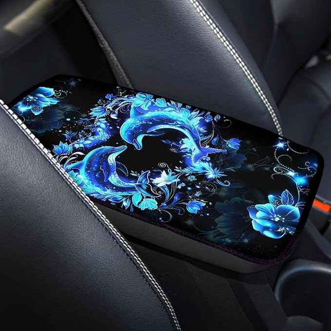 Mintutlipy Blue Glowing Dolphin Car Center Console Cover Universal Car Interior Accessories for SUV Sedans Vans Anti-Scratch Car Armrest Protector for Dogs