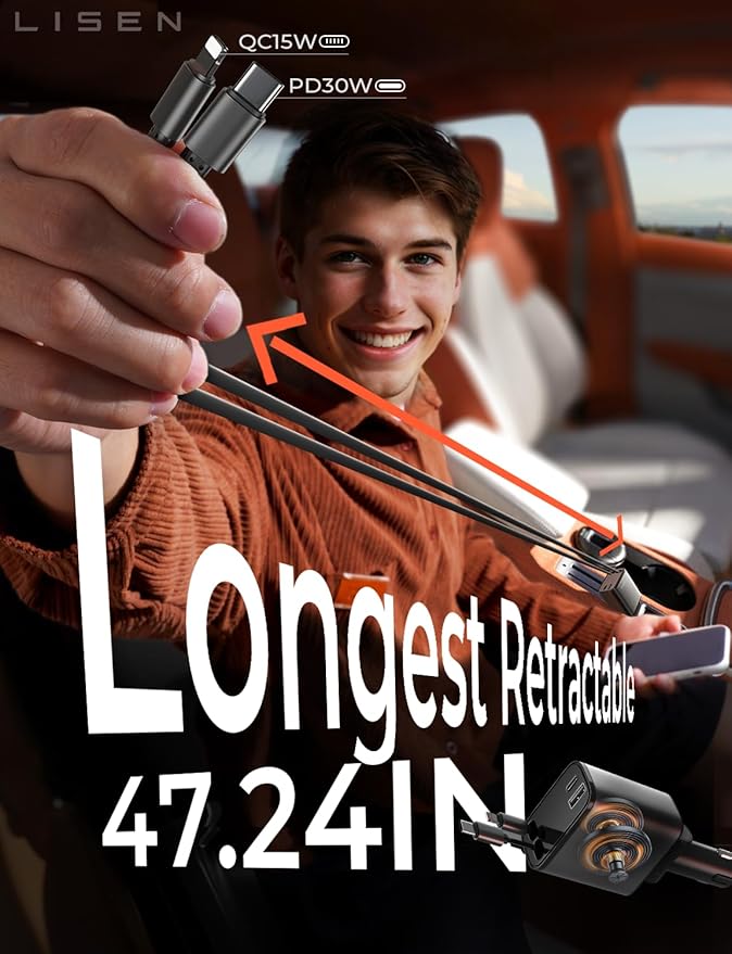 LISEN Longest 4 in 1 Retractable Car Charger 69W Retractable Car Charger for iPhone 17, Car Charge for iPhone 17 Pro Max 16 15 14 13 iPad, Prime for Day Deals, Uber Signs for Car