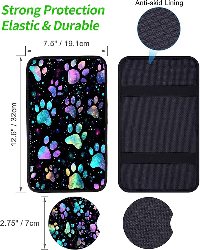 JANENFNA Car Armrest Cover Pads Universal Fashion Cute Auto Center Console Armrest Cover Pad with 2PCS Car Coasters Soft Waterproof Car Armrest Seat Protector for Women,Rainbow Paw Printz