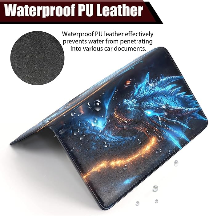 Car Document Holder with Magnetic Shut, Car Registration and Insurance Card Holder, Vehicle Glove Box Organizer Documents, Driver License, Auto Paperwork Organizer Wallet, Blue Dragon Breathing Fire