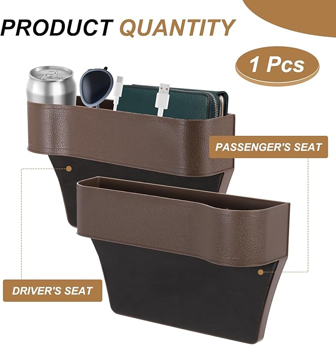 HARFINGTON Car Seat Gap Filler Organizer 10.2 x 6.5 x 2.4 Inch ABS Universal Car Organizer Storage Box Between Seat and Console (Left) with Cup Holders for Phone Sunglasses Keys, Brown