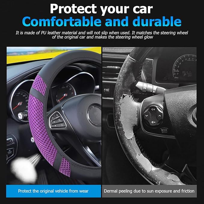 Zipelo Elastic Stretch Car Steering Wheel Cover, Leather Breathable Vehicle Steer Wheel Protective Guard, Anti-Slip Automotive Steer Wheel Protector Accessories, Universal for Most Cars (Purple)