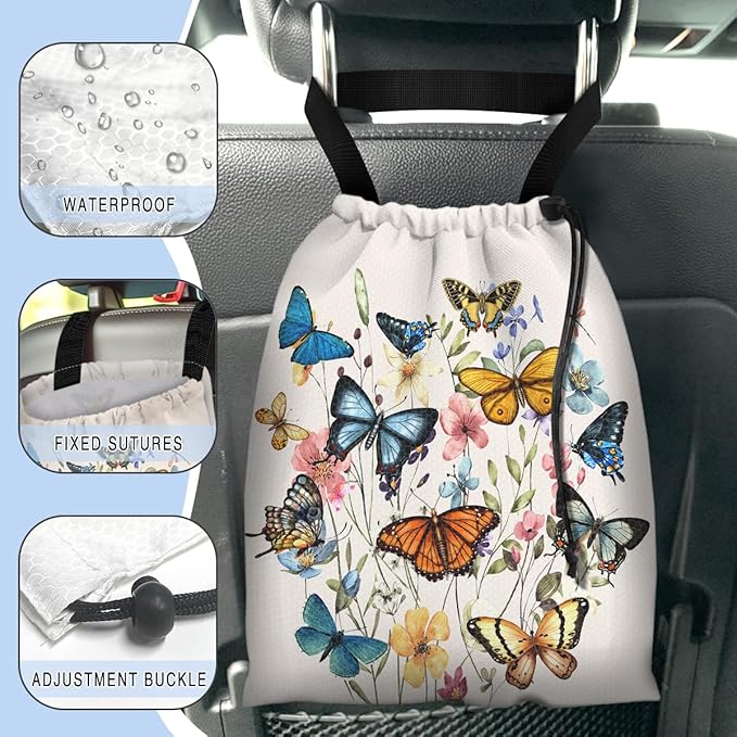 GEGEPINK Car Trash Bag Hanging Back of Seat Waterproof Small Cute Printed One-Handed Strap Drawstring Garbage Bags for Car-Butterfly Wildflower
