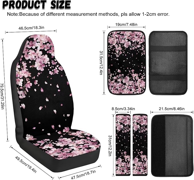 Psesaysky 5-Piece Auto Interior Covers Set Cherry Blossom PU Leather Breathable Front Seat Covers Seatbelt Covers & Armrest Pad for Cars, Trucks, SUVs, Vehicle Decor