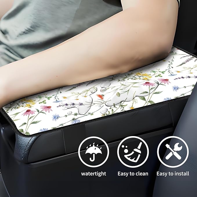 Car Center Console Cover, Universal Soft Large Neoprene Auto Armrest Seat Box Cover, Funny Car Decor Accessories Fit for Most Cars, Vehicles, SUVs Cute Beautiful Wildflowers
