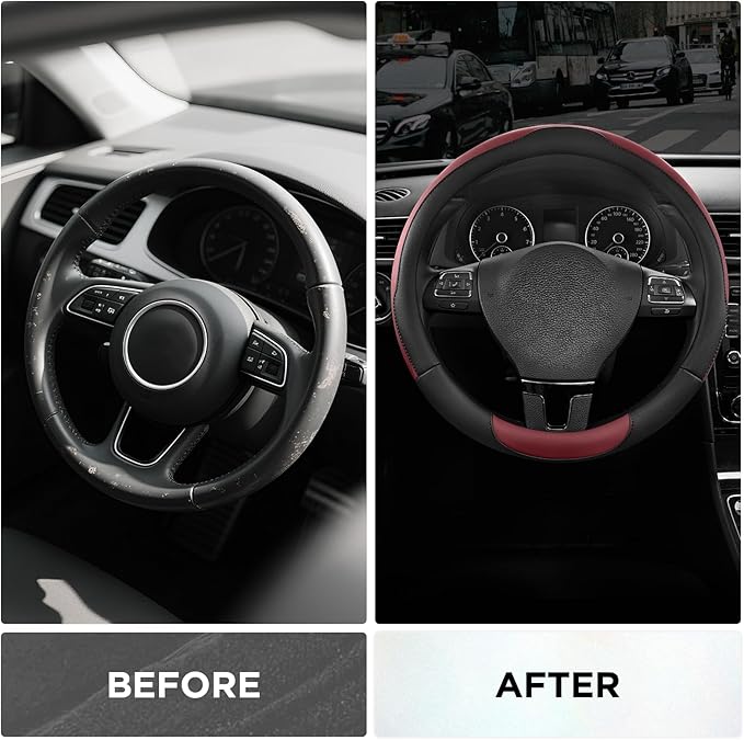 Road Comforts Steering Wheel Cover, Breathable Anti-Slip Leather Steering Wheel Cover, Universal Fit 14.5–15 Inch, Comfortable Grip - Redwine Color