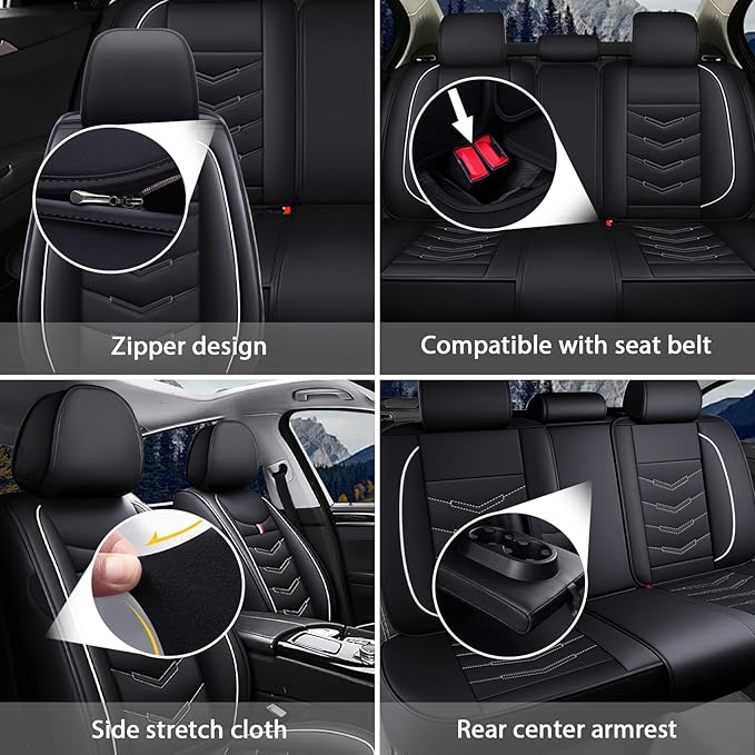 MVRVMV 5 Car Seat Covers for Ford Mustang 2006-2026, Wear-Resistant & Anti-Slip Leather Seat Protectors (5 Seat Standard, Black-White)