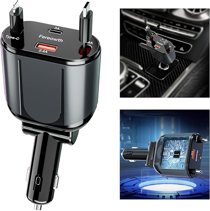 Fereowth Retractable Car Charge 4 in 1 Fast Car Phone Charger Adapter PD 62W Phone Retractable Cables (31.5 inch) and 2 USB Ports Car Charger， Compatible with iPad,Samsung,Pixe iPhone 15/14/13, Black