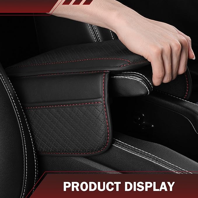 Car Center Console Cover, Perforated Leather Armrest Cushion with 2 Storage Bags, Plaid Arm Rest Box Pad, Car Armrest Storage Box Interior Accessories for Most Vehicles (Black & Red)