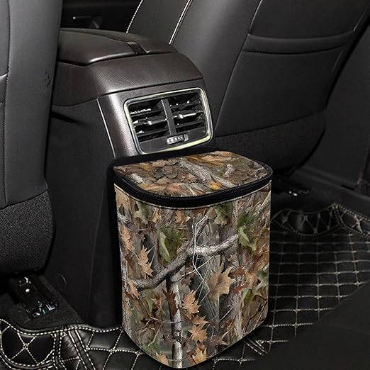 Talayituse Hunting Camo Forest Leaves Print Car Trash Can with Lid, Leak Proof Auto Trash Bag Hanging Vehicle Garbage Can Multipurpose Storage Container for Back Seat Road Trip