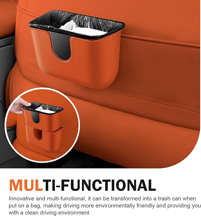 Car Trash Can, Multifunctional Double-Layer Seat Back Hanging Mini Trash Bin, Leak-Proof Waterproof Small Garbage Can for Cars, Universal Car Organizers and Storage Accessories (Orange)