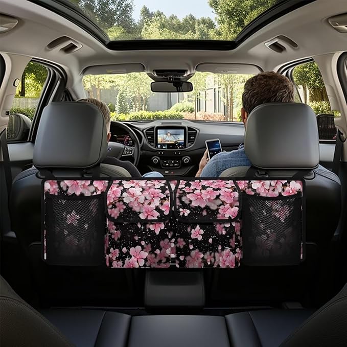 Car Trunk Organizer with 4 Pockets, Cherry Blossom Car Storage Organizer Oxford Cloth (37.01"*11.8") Portable Car Storage Bag with 4 Pocekt, Hanging Car Organizer for SUV/MPV/Truck/Van/Sedan