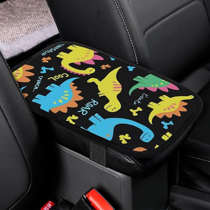 Car Center Console Cover, Colorful Dinosaur Black Anti-Slip Arm Rest Covers Protector Waterproof Auto Interior Accessories Universal Fit for Most Vehicle