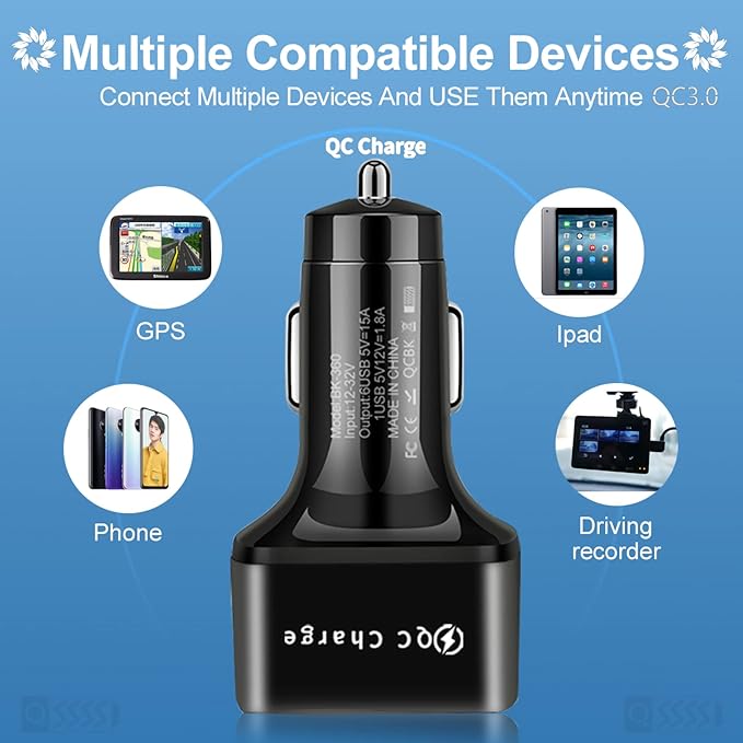 Amiss Car Charger Adapter, 6 USB Multi Port, Fast Charger, Include QC 3.0 and 5 Other Ports, Car Interior Accessories, Fit for iPhone 13/12/11/pro，Samsung Galaxy/Note S10/S9/S8 - Bright Black