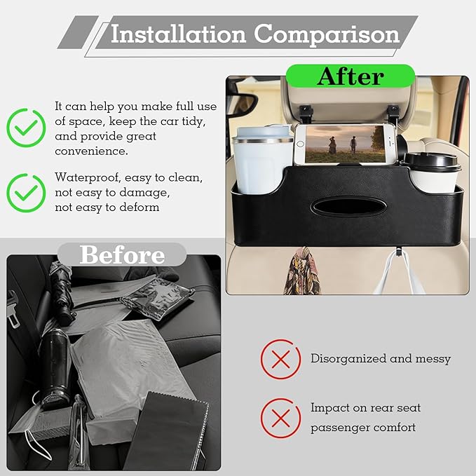 SADIFOKPLY Back Seat Car Organizer, Upgraded Multifunctional Car Storage Box, Hanging Back Seat Storage Organizer, with Phone Holder, Tissue Box, Cup Holders, Hooks (Type B - Black)