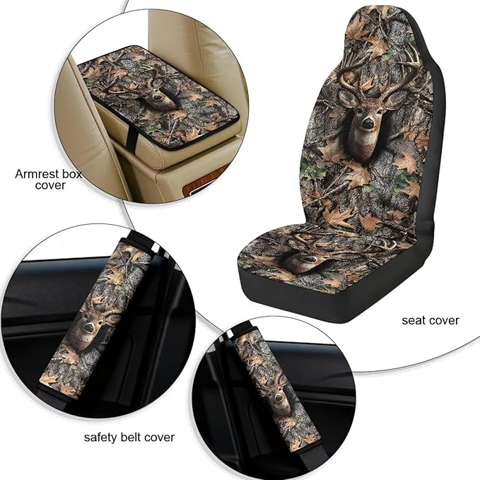 Qeluxign 5 Piece Car Seat Covers Full Set for Men Women Camouflage Deer Head PU Leather Front Seats Cover Auto Seatbelt Shoulder Pads Vehicle Center Console Armrest Cover