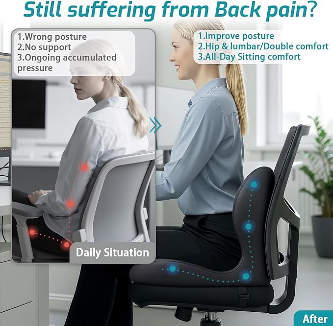 XZdream Memory Foam Seat Cushion,Office Chair Cushion with Lumbar Support for Back Pressure Relief,Sciatica,Car Seat Cushion with Adjustable Strap,Hip Pad Cushions for Car,Truck,Desk,(D-Dark Grey)