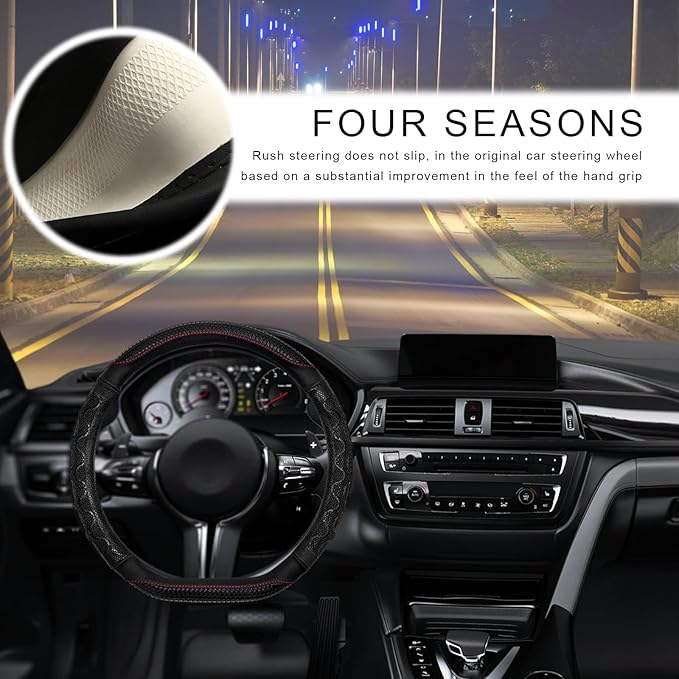 Car Steering Wheel Cover, 15 Inches Leather Comfy Grip Steering Wheel Protector with 3D Honeycomb, Anti-Slip D-Shaped Wheel Wrap Cover for Most Vehicles, Car Accessories (Black)