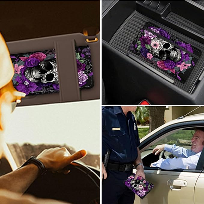 RAUEDWDJS Car Registration and Insurance Holder,Leather Vehicle Glove Box Organizer Wallet Case for Driver's License,ID Key Information Cards-Purple Skull