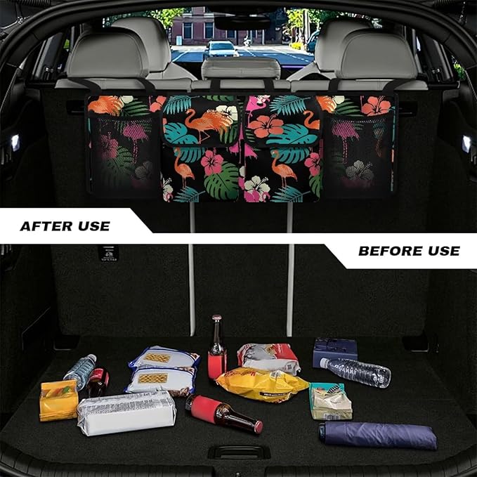 Car Trunk Organizer, Flamingo Tropical Floral Backseat Hanging Organizer with Pockets, Super Capacity -Trunk Storage Bag Decoration for SUV,Truck,Van