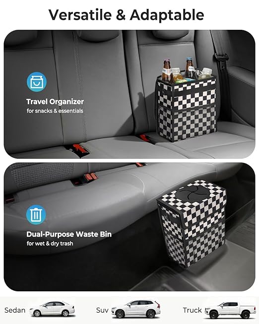HORJONES Corduroy Car Trash Can with Lid and Mesh Pockets - Leakproof Organizer,Multipurpose Waterproof Garbage Can/Trash Bin for Car(Black and White Check-2 Gallons)