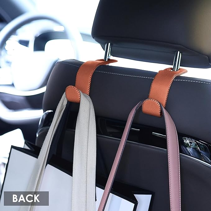 AMVOYOA Leather Hooks for Headrest - Fully Leather-Wrapped U-Shaped Purse Holder for Car, Flexible Seat Back Organizer & Durable Car Accessories for Purses, Bags, Coats & More (Brown, 2 Pack)