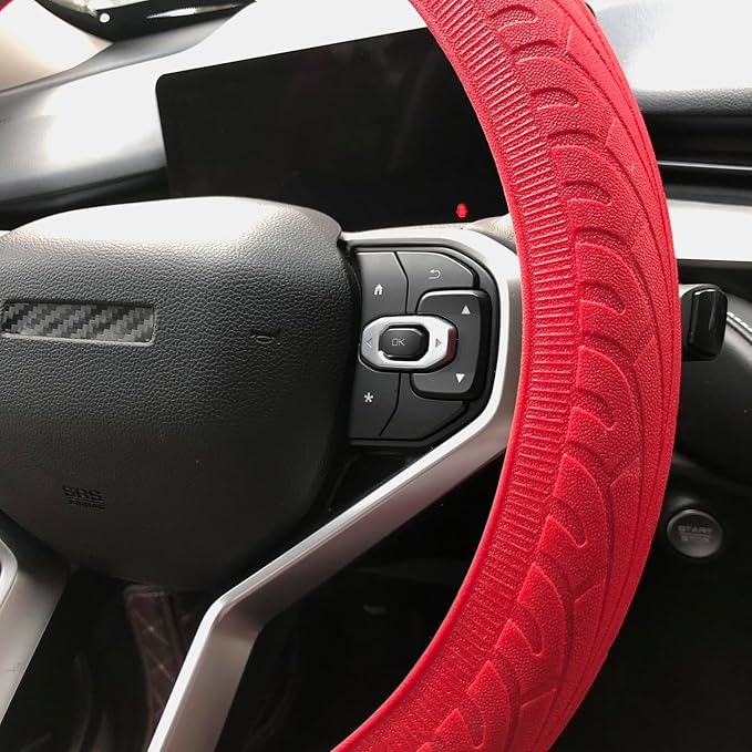 Universal Steering Wheel Cover：13.5 to 15 Inches Stretchable Silicone Anti Skid Steering Wheel Protector Fit for Most Car Models Including Round D Shape or Special Shape (Red)