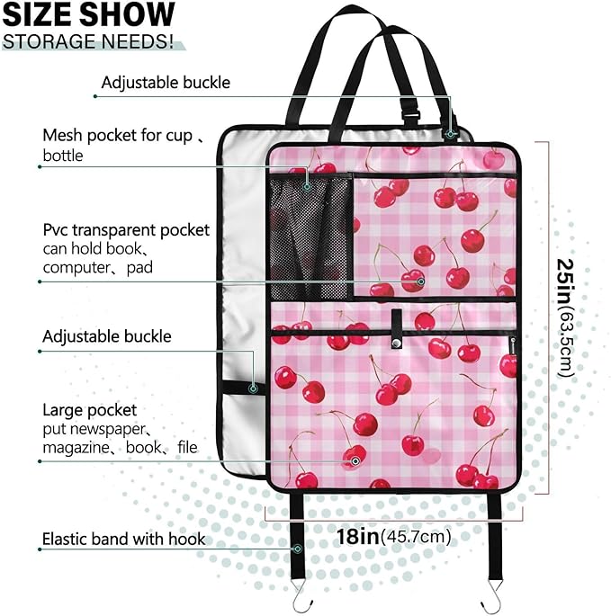 1 Pack Back Seat Car Organizer with Storage Pockets Kick Mats Back Seat Protector Hanging Car Organizer Automotive Seat Back Cover Organizers Pink Juicy Checkered Cherry