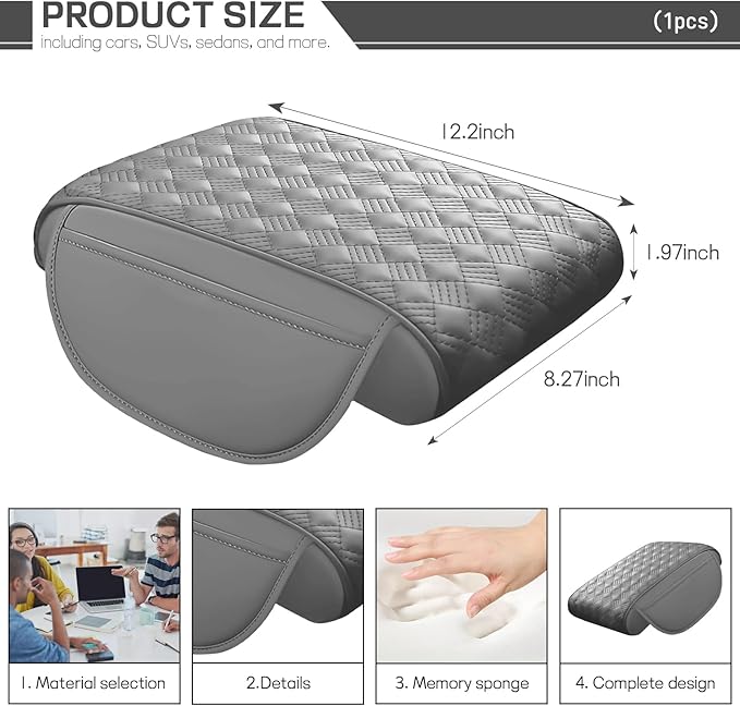 Hbxdeco Car Armrest Cushion, 12.2"×8.3" Leather Auto Memory Foam Center Console Pad with Storage Pocket, Waterproof & Anti-Scratch Elbow Pillow Armrest Seat Box Protector, Universal Fit (Gray)