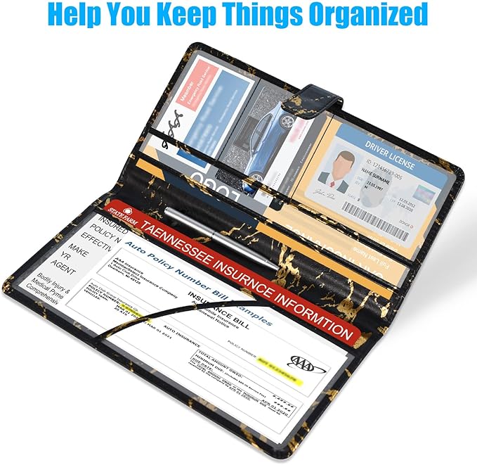 DMLuna Car Registration and Insurance Holder, Leather Vehicle Card Document Glove Box Organizer, Auto Truck Compartment Accessories for Essential Information, Driver License Cards, Black/Gold Marble