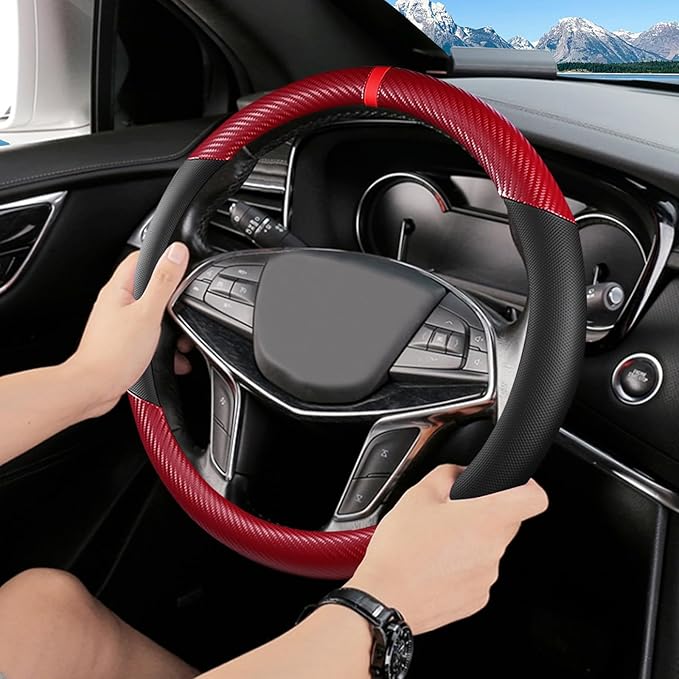 Black & Red Carbon Fiber Leather Steering Wheel Cover, Microfiber Leather, Anti-Slip, Breathable, Universal Fit for 14.5–15 in Steering Wheel Cover for Men Women