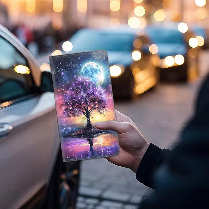 Car Registration Holder, PU Leather Vehicle Card Document Glove Box Organizer, Women Interior Auto Accessories Case for Cards, Driver License Car Insurance Holder, Purple Dark Night Trees Starry Sky