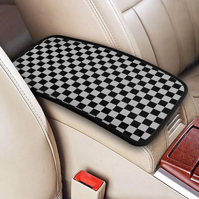 Gray Black Checkered Chessboard Flag Car Armrest Pad Cute Cars Center Console Cover Auto Handrail Box Cushion Armrests Cover
