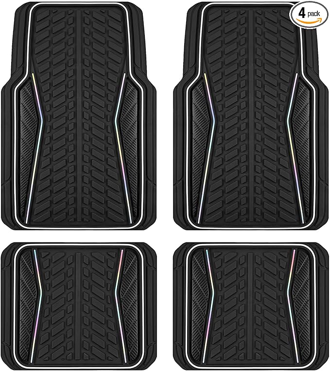 PIC AUTO Car Floor Mats, Black Aluminum-Molded with Full-Circle Iridescent Inlay Strip Car Mats, Universal-Fit Rubber Mats for Cars, Trucks & SUVs, All-Weather, Non-Slip, Easy-to-Clean Interior Mats