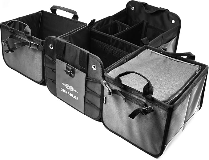 DURABLEZ Modular 5-Section Trunk Organizer XL – Car Storage for Groceries, Tools, Sports Gear, Emergency Kits – Extra Large Multi-Module Cargo Box, Foldable, Detachable, Heavy Duty Design – Gray
