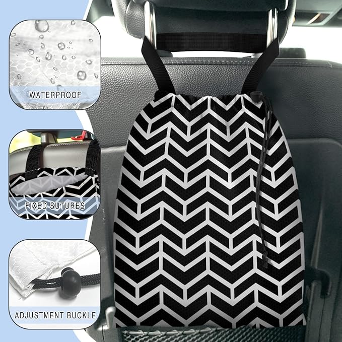 GEGEPINK Car Trash Bag Hanging Back of Seat Waterproof Small Cute Printed One-Handed Strap Drawstring Garbage Bags for Car-Black White