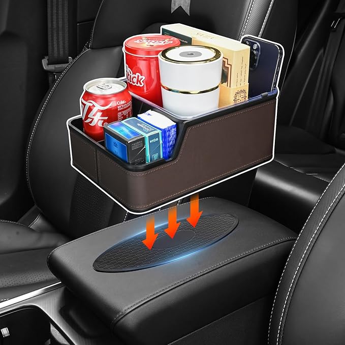 Car Seat Organizer with Phone Holder,Armrest Cup Holder Tray Truck Organizer & Storage Front Seat Organizer Small Car Caddy fit for Car SUVs Pickup Truck Van(Brown)