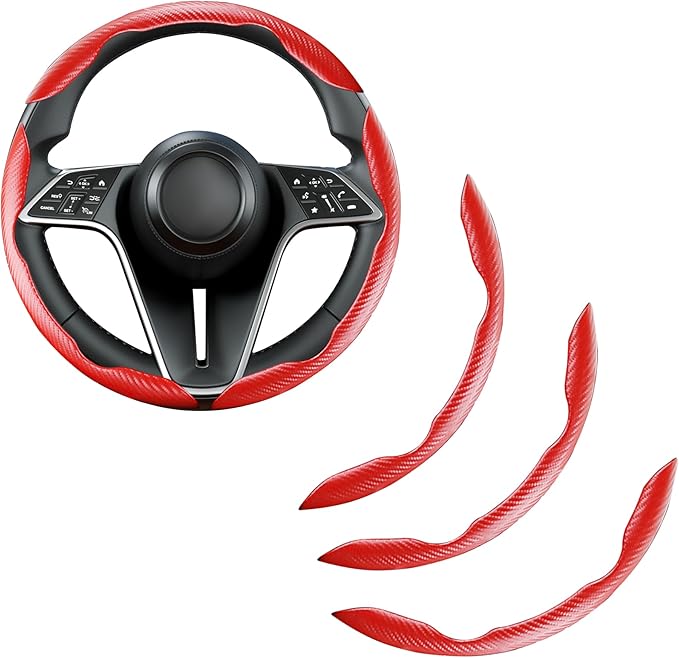 LevChall Carbon Fiber Steering Wheel Cover, 3-Piece Set Anti-Skid Comfortable Grip Segmented Butterfly Design, Easy Snap-On Installation Universal Fit 99% Cars, Red