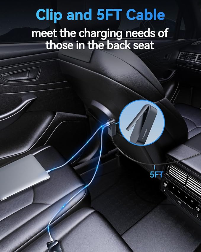Rocoren 105W 6-Port Multiport Car Charger, Car Travel Essentials for Road Trips with 5FT Cable, 6-Pack Magnetic Cable Clips Cord Organizer-Cable Smooth Adjustable for Desktop, Home Office, Car