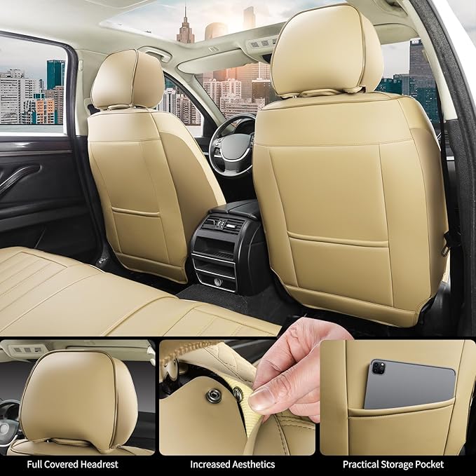 COVER EMPIRE Beige Leather Seat Covers, 5 Seats Universal Car Seat Covers Full Set, Waterproof Automotive Seat Covers Breathable Front and Rear Seat Covers for Most Sedans SUVs Trucks