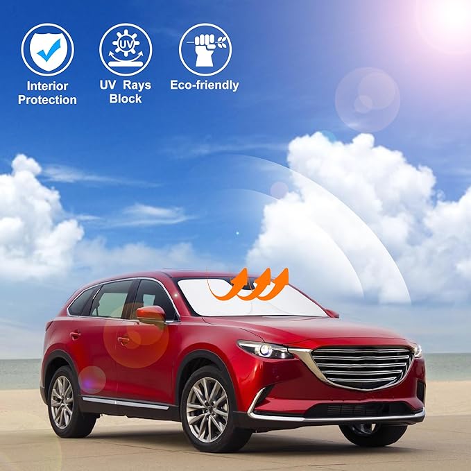 Windshield Sun Shade Custom Fit for 2016-2024 2025 Mazda CX-9 CX9 Accessories Foldable Sunshade Sun Blocker Protect Car from Sun Rays & Heat Damage Keep Car Cooler