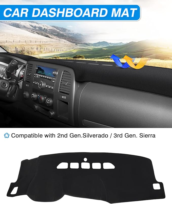 Silverado Dash Cover - For Chevy Silverado/GMC Sierra 1500 2500HD 3500HD 2007-2013 | Suede Dashboard Cover for Silverado Accessories | Non-Slip Silicone Back (Only Fit Models with Two Glove Boxes)