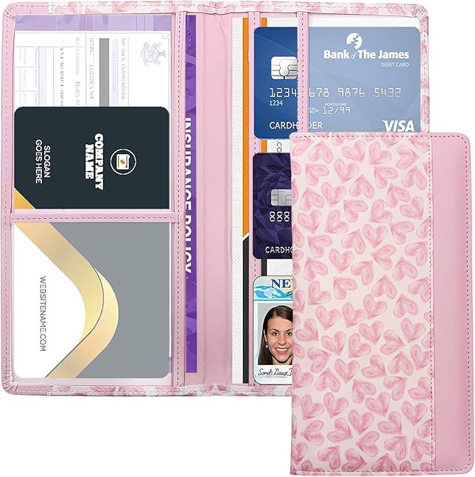 FinestHouse Car Registration and Insurance Holder with Magnetic Closure, Universal Document Organizer for License, Insurance Cards & Glove Box Storage (Heart-Pink)