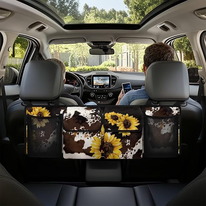 SEANATIVE Sunflowers Cow Car Backseat Trunk Organizer Auto Hanging Seat Back Storage Multipurpose Cargo Accessory - Space Saving Facilitator for SUV, Crossover, Minivan